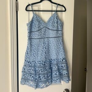 Bardot Powder Blue Floral Lace Mini Dress with Spaghetti Straps